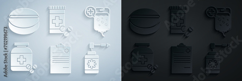 Set Medical clipboard with clinical record, IV bag, Medicine bottle and pills, nozzle spray,  and tablet icon. Vector