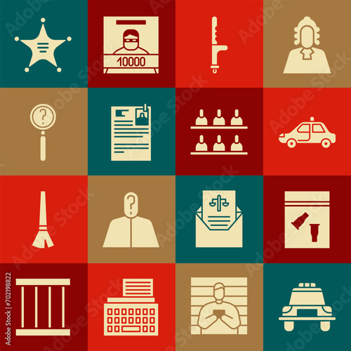 Set Police car and flasher, Evidence bag bullet, rubber baton, Lawsuit paper, Magnifying glass with search, Hexagram sheriff and Jurors icon. Vector