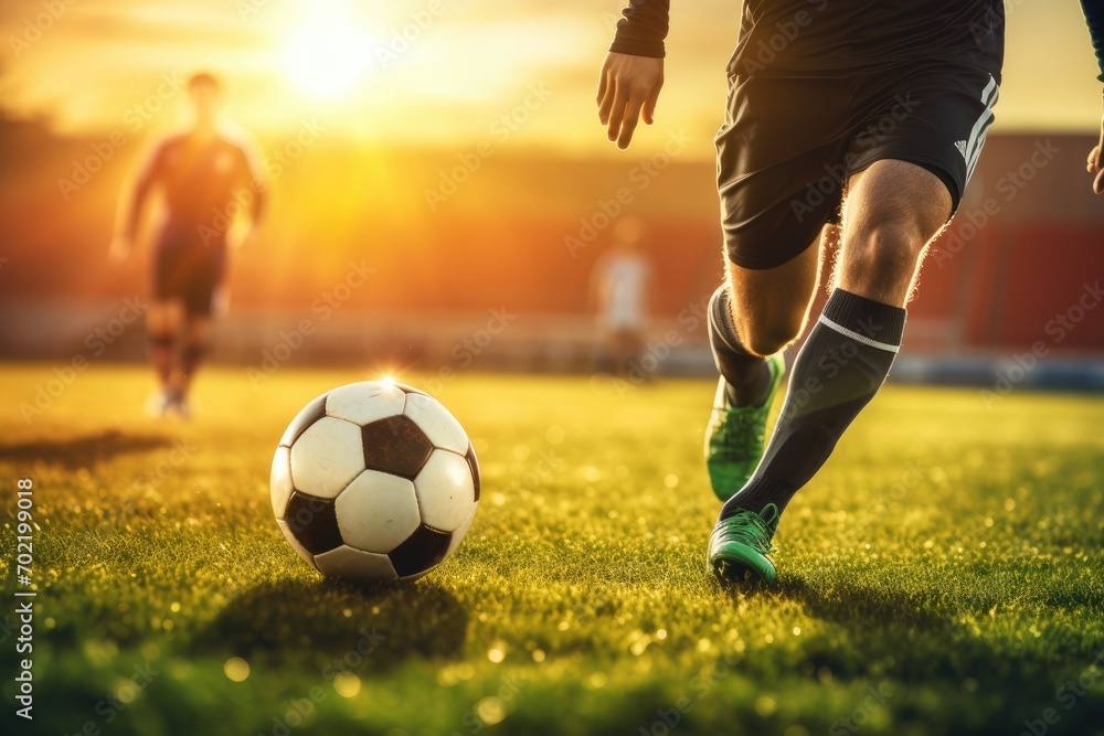 Young football player plays with sport ball on the modern football pitch during sunset. Generative Ai. Young football player plays with sport ball on the modern football pitch during sunset. Generative Ai.