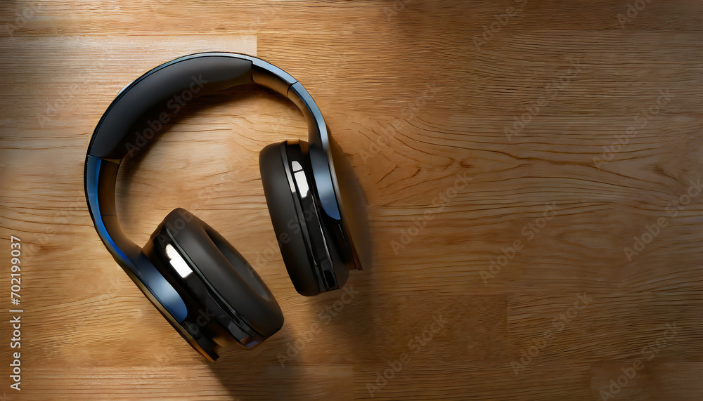 Modern wireless headphones lie on the wooden surface top view. copy space. Modern wireless headphones lie on the wooden surface top view. copy space.
