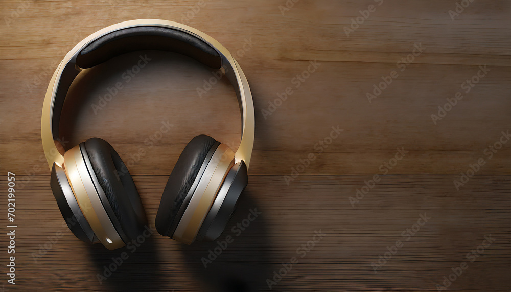 Modern wireless headphones lie on the wooden surface top view. copy space. Modern wireless headphones lie on the wooden surface top view. copy space.