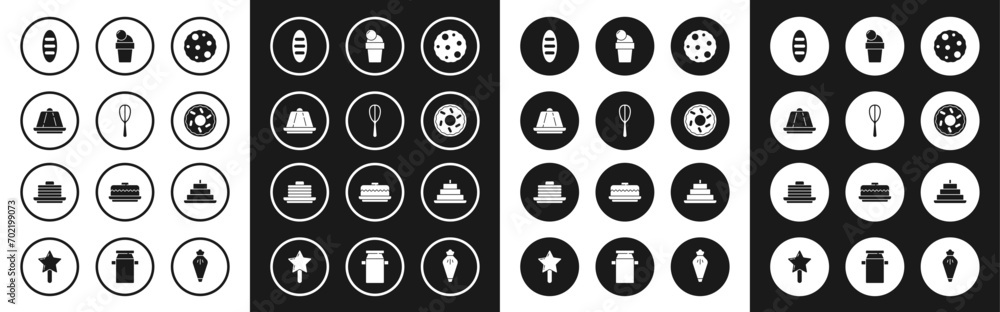 Set Cookie or biscuit, Kitchen whisk, Pudding custard, Bread loaf, Donut, Ice cream, Cake with burning candles and Stack of pancakes icon. Vector Set Cookie or biscuit, Kitchen whisk, Pudding custard, Bread loaf, Donut, Ice cream, Cake with burning candles and Stack of pancakes icon. Vector