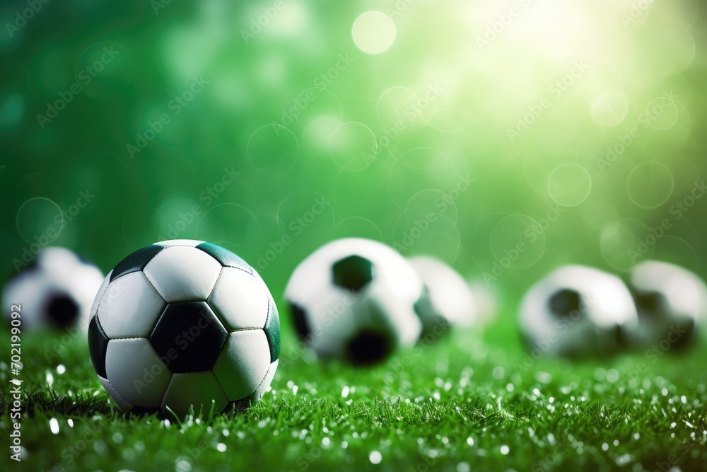 Fototapeta premium Black and white sport football ball put on green grass, football wallpaper. Generative Ai.