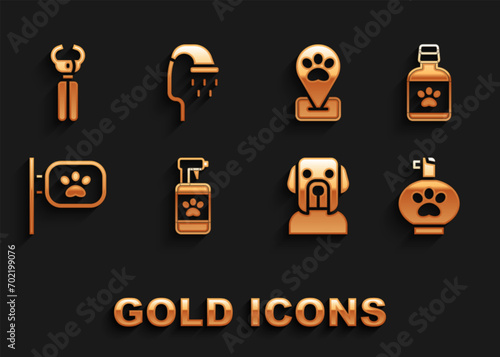 Set Pet shampoo, Dog medicine bottle, grooming, Location pet, nail clippers and shower icon. Vector