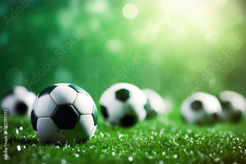 Black and white sport football ball put on green grass  football wallpaper. Generative Ai.