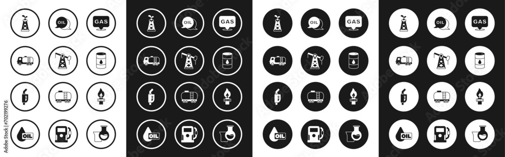 Set Location and gas station, Oil pump or pump jack, Tanker truck, rig, Barrel oil, Word, with fire and Gasoline nozzle icon. Vector Set Location and gas station, Oil pump or pump jack, Tanker truck, rig, Barrel oil, Word, with fire and Gasoline nozzle icon. Vector
