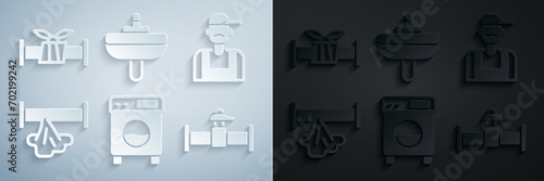 Set Washer, Plumber, Broken pipe, Industry and valve, Washbasin and metallic icon. Vector
