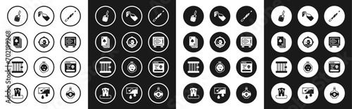 Set Marijuana joint, Headshot, Playing cards, Lighter, Safe, Cocktail molotov, System bug and Prison window icon. Vector