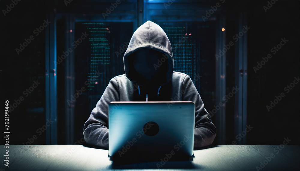 The dark web in a foreground hooded hacker with laptop at dark room.copy space. concept of business security and internet network data security. The dark web in a foreground hooded hacker with laptop at dark room.copy space. concept of business security and internet network data security.