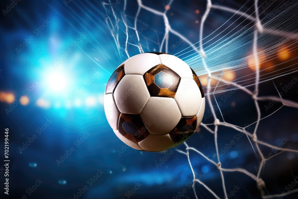 Fototapeta premium Football sport ball in action during match at the stadium, colorful. Generative Ai.