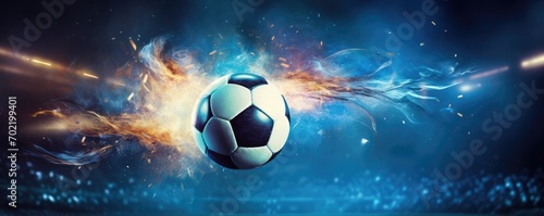 Football sport ball in action during match at the stadium, colorful banner panorama. Generative Ai.