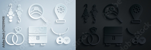 Set Jewelry box, store, Wedding rings, Locket on necklace, Diamond engagement and Earrings icon. Vector