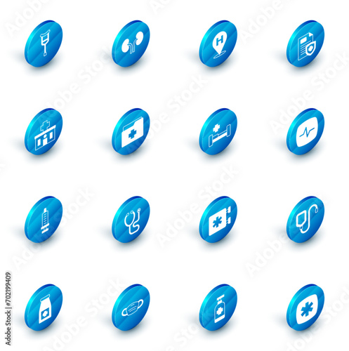 Set Human kidneys, Location hospital, Patient record, Hospital building, Syringe, Heart rate and bed icon. Vector