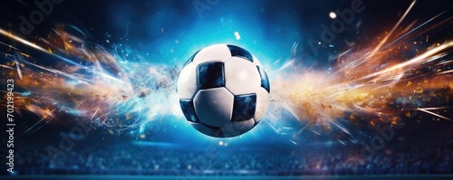 Football sport ball in action during match at the stadium, colorful banner panorama. Generative Ai. © annamaria