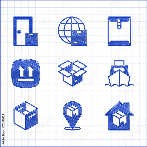 Set Unboxing, Location with cardboard, Home delivery services, Cargo ship boxes, Carton, This side up, Envelope and  icon. Vector