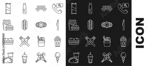 Set line Ice cream in waffle cone, Popcorn cardboard box, Knife, Sushi cutting, Hotdog sandwich with mustard, Burger french fries carton package, Soda can and Donut sweet glaze icon. Vector