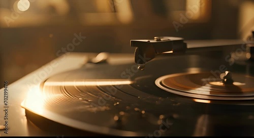 Vinyl record playing on a turntable in the light. The concept of music and nostalgia. photo