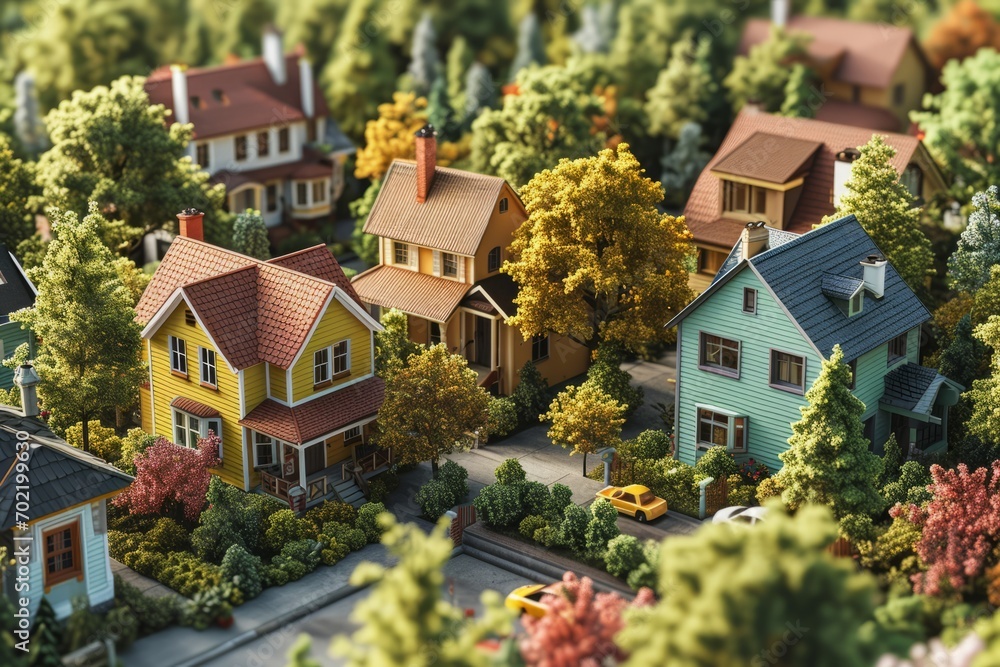 Cartoonish Isometric Neighborhood with Trees and Happy Houses, Conveying a Wholesome Vibe, on an Isolated White Background, Generative AI