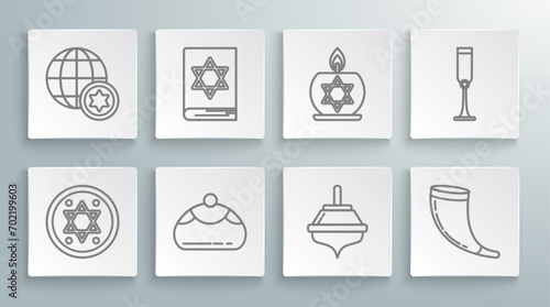 Set line Jewish coin, torah book, sweet bakery, Hanukkah dreidel, Traditional ram horn, shofar, Burning candle candlestick with star david, goblet and World Globe Israel icon. Vector