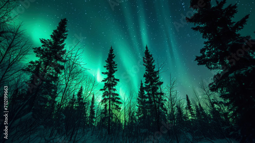 Spectacular aurora borealis  northern lights  in the snowy forest. Winter landscape night scenery. Generative AI