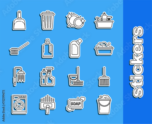Set line Bucket with foam and bubbles, Handle broom, Plastic basin soap suds, Washing dishes, bottles for liquid dishwashing liquid, Toilet brush, Dustpan and  icon. Vector