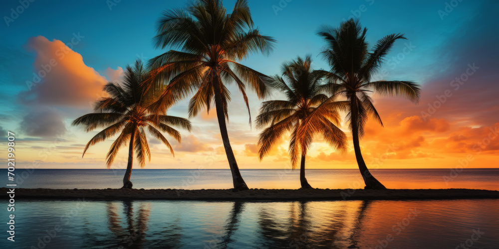 Beautiful sunset at a beach resort in the tropics. Palm trees and ocean coast. Generative AI