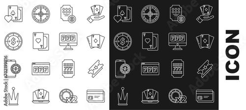 Set line Credit card, Lottery ticket, Playing with diamonds, Online slot machine, heart, Casino chip dollar, clubs symbol and lucky sevens jackpot icon. Vector