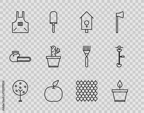Set line Tree, Plant in pot, Retro wall watch, Apple, Kitchen apron, Cactus and succulent, Garden fence wooden and Grass weed electric string trimmer icon. Vector