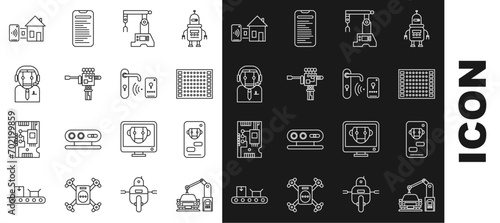 Set line Industrial machine robotic robot arm hand, Assembly line, Mechanical screwdriver, Worker, Smart home and Digital door lock with wireless technology for unlock icon. Vector