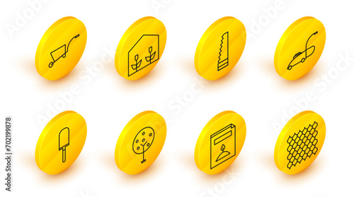 Set line Garden fence wooden, A pack full of seeds of specific plant, Tree, trowel spade or shovel, Lawn mower, saw, Home greenhouse and plants and Wheelbarrow icon. Vector