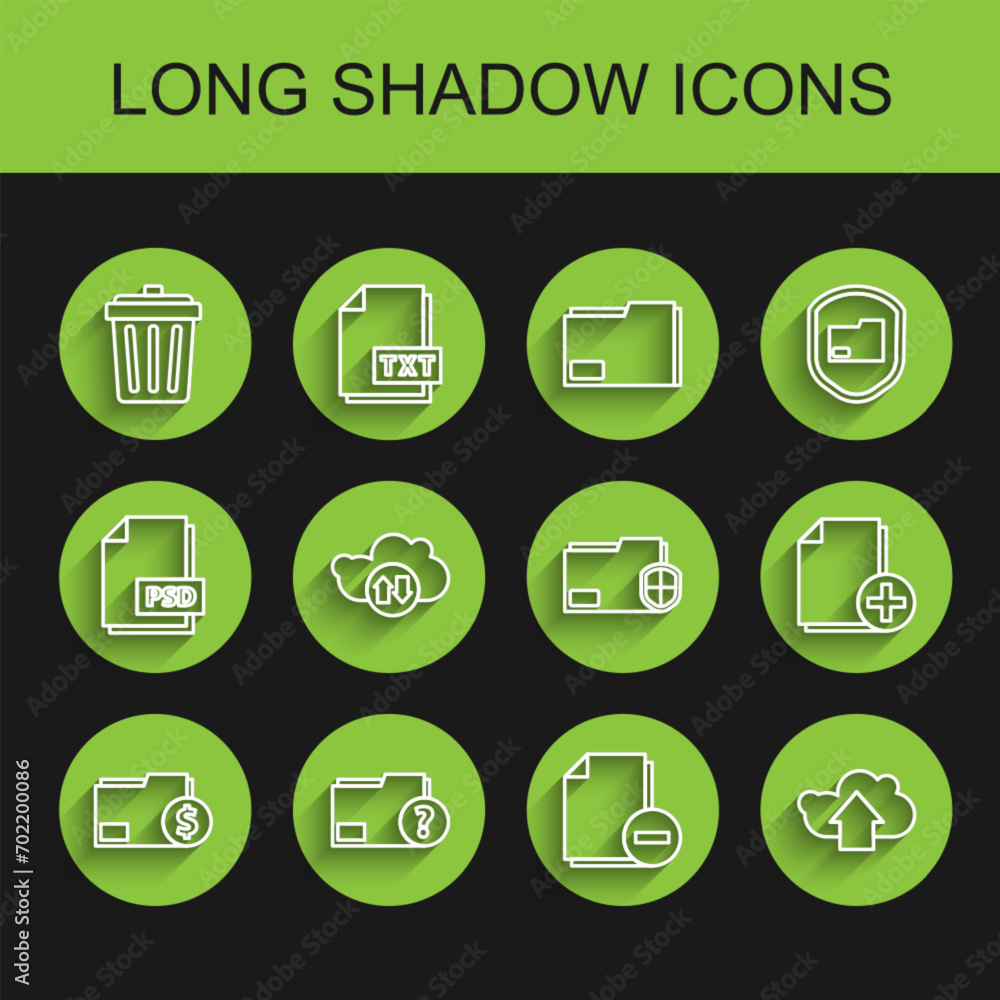 Set line Finance document folder, Unknown, Trash can, Document with minus, Cloud upload, download and, Add new file and protection icon. Vector Set line Finance document folder, Unknown, Trash can, Document with minus, Cloud upload, download and, Add new file and protection icon. Vector