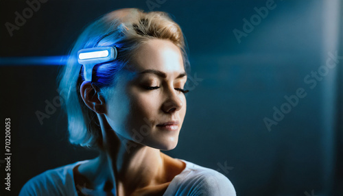 Neuroscience fall asleep concept ,pulse, brain waves,an AI device on a human head,human sleeping in bed,technology sleep quality concept,copy space.