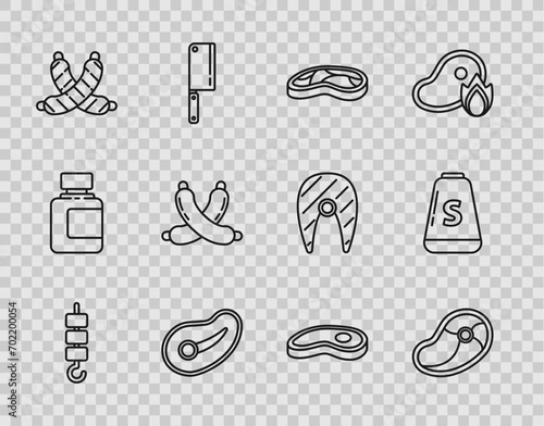 Set line Grilled shish kebab on skewer stick, Steak meat, Crossed sausage,  and Salt icon. Vector