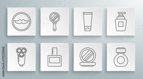 Set line Electric razor blade for men, Hand mirror, Aftershave, Makeup powder with, Cream lotion cosmetic tube, Bottle of shampoo and Mustache icon. Vector