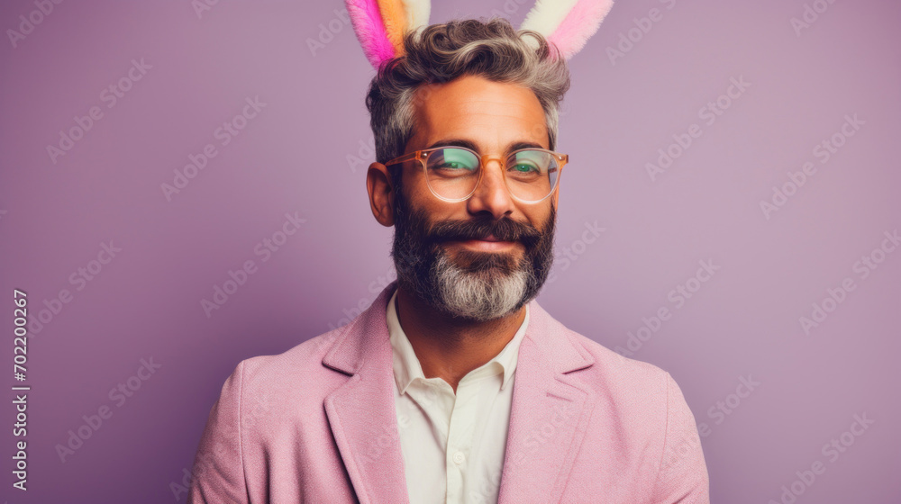 Easter bunny man with eyeglasses and pink jacket on violet background Easter bunny man with eyeglasses and pink jacket on violet background