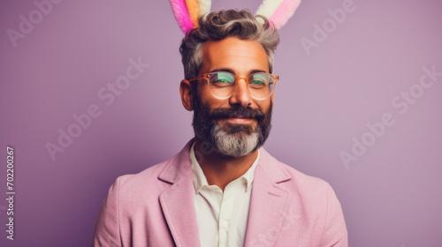 Easter bunny man with eyeglasses and pink jacket on violet background © tashechka
