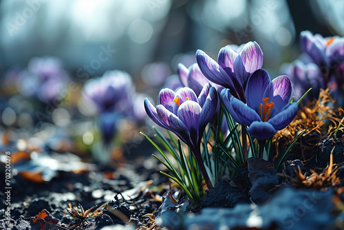 violet flowers of crocuses waved in the wind. Light blue color Crocuses flower in a garden. bouquet of crocus flowers. spring flowers. 