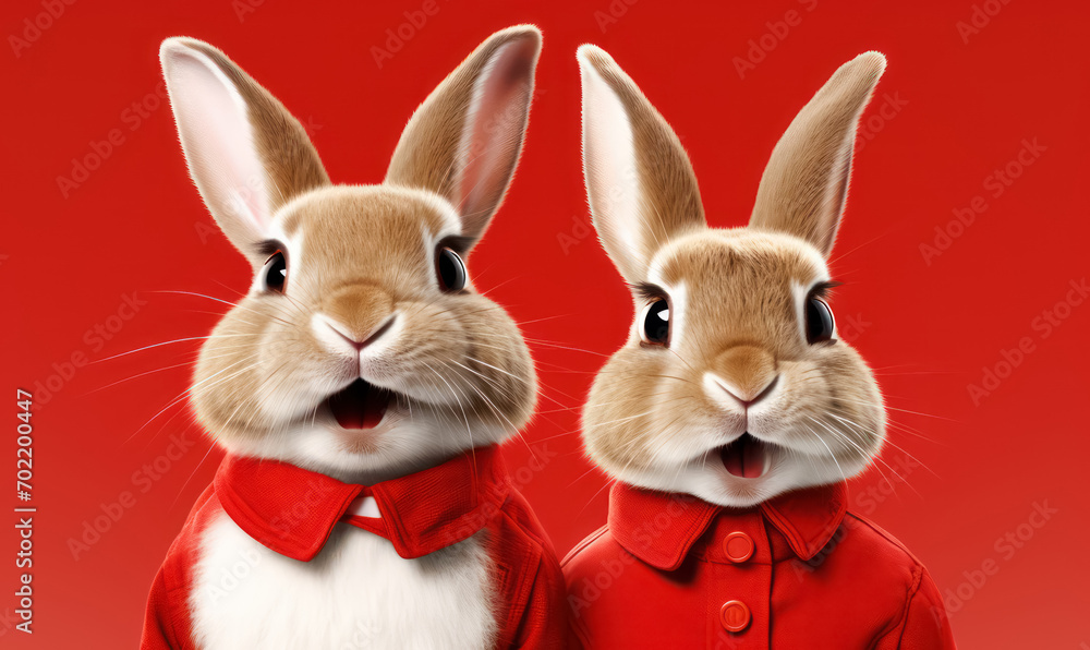  rabbit couple in red attire on bright background  , easter egg concept 
