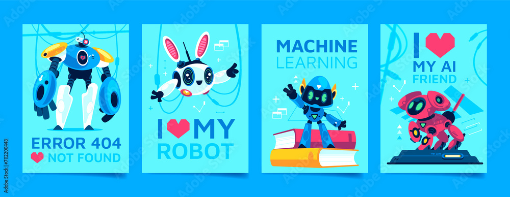 Fototapeta premium Robot cards in flat cartoon style