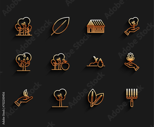 Set line Sprout in hand of environmental protection, Tree, Trees, Leafs, Garden rake work, with apple, Hand holding flower and Watering sprout icon. Vector