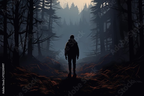lonely lost person in dark forest landscape illustration photo