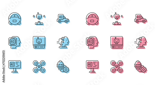 Set line Software, Drone, Robot vacuum cleaner, setting, for maintenance, Humanoid robot and Disassembled icon. Vector