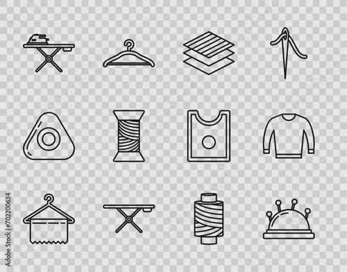 Set line Hanger wardrobe, Needle bed and needles, Textile fabric roll, Ironing board, Electric iron ironing, Sewing thread spool,  and Sweater icon. Vector