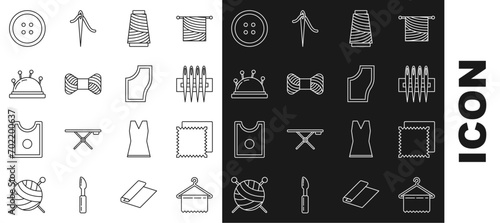 Set line Hanger wardrobe, Textile fabric roll, Needle for sewing, Sewing thread on spool, bed and needles, button clothes and Pattern icon. Vector