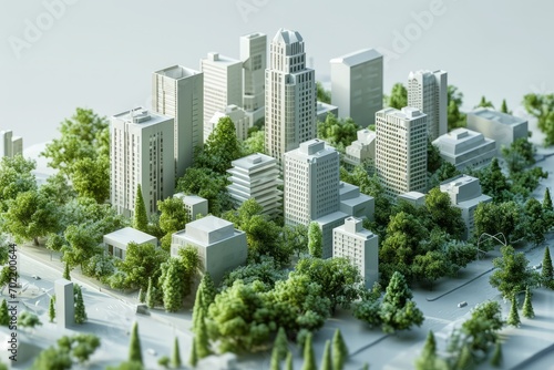 Isometric City Center in Cartoon Style, Surrounded by Green Cartoon Trees, on a White Surface, Generative AI