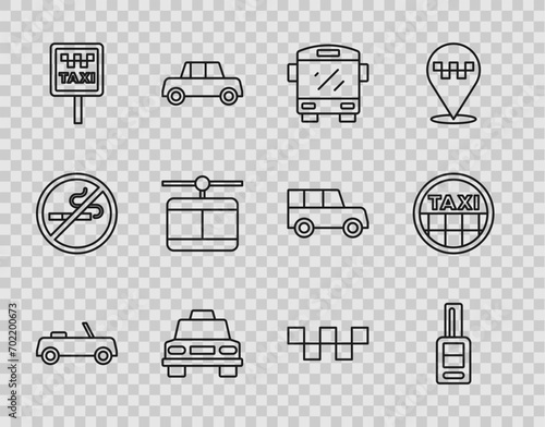 Set line Car, key with remote, Bus, Taxi car, Road sign for taxi stand, Cable, roof and  icon. Vector