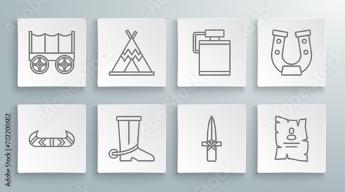Set line Kayak or canoe and paddle, Indian teepee wigwam, Cowboy boot, Dagger, Wanted western poster, Canteen water bottle, Horseshoe and Wild covered wagon icon. Vector