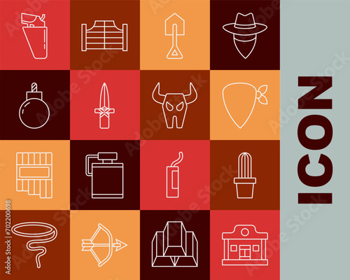 Set line Wild west saloon, Cactus peyote in pot, Cowboy bandana, Shovel, Dagger, Bomb ready to explode, Revolver gun holster and Buffalo skull icon. Vector