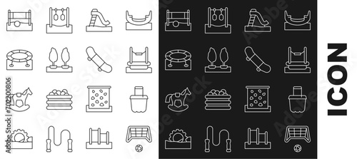 Set line Soccer goal with ball, Sand in bucket, Bungee, Kid slide, Forest, Jumping trampoline, Volleyball net and Skateboard trick icon. Vector