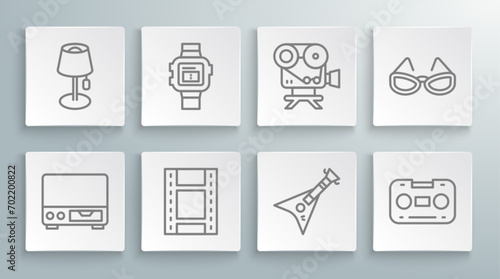 Set line Old video cassette player, Wrist watch, Play Video, Electric bass guitar, Retro audio tape, cinema camera, Glasses and Floor lamp icon. Vector